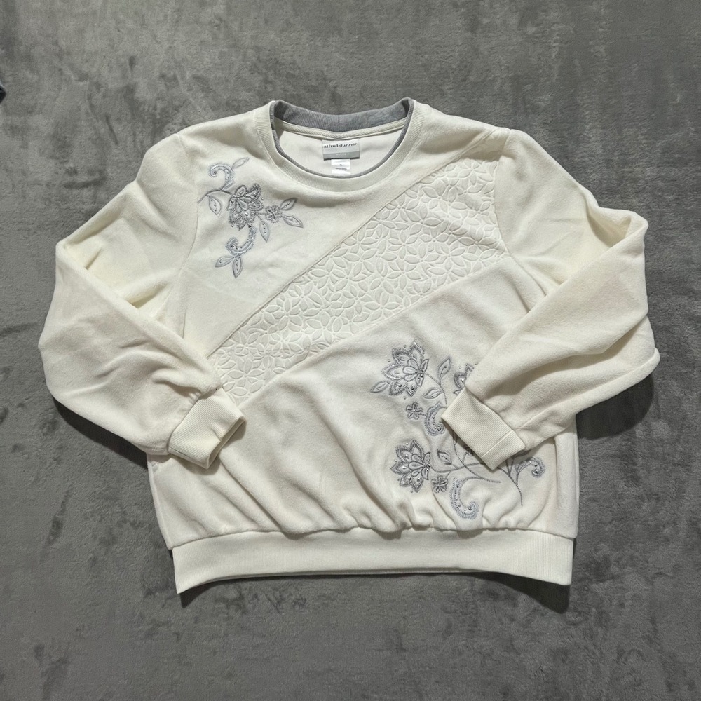 Alfred Dunner Sweatshirt Women PL Cream Floral Embroidered Quilted‎ Fleece Top